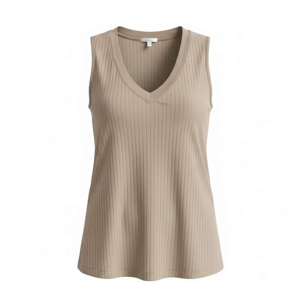 Womens Ribbed V-Neck Tank Top Tan‎ Beige Sleeveless Shirt XL Neutral Capsule